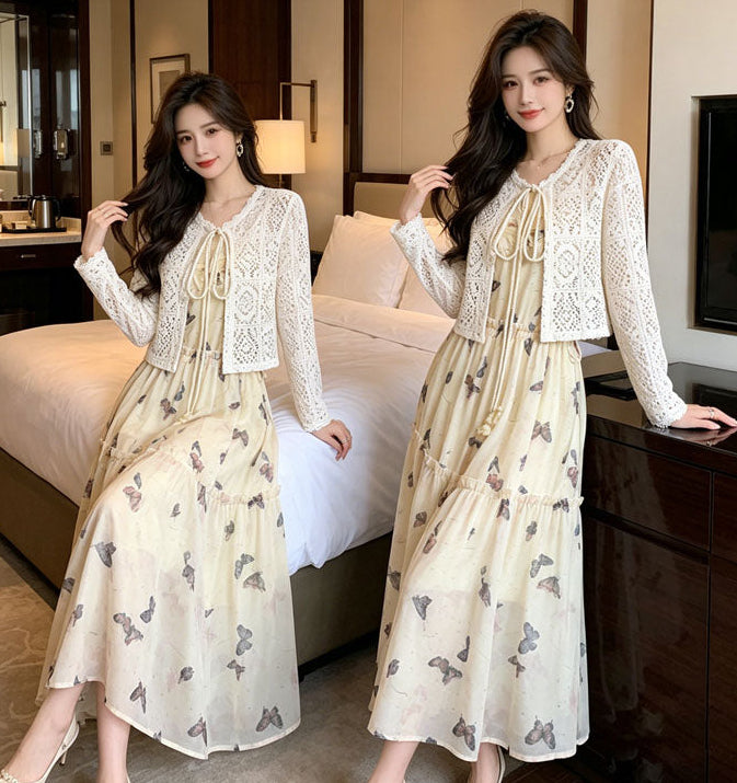 Summer Two-Piece Butterfly Print Tiered Dress and White Crochet Shawl