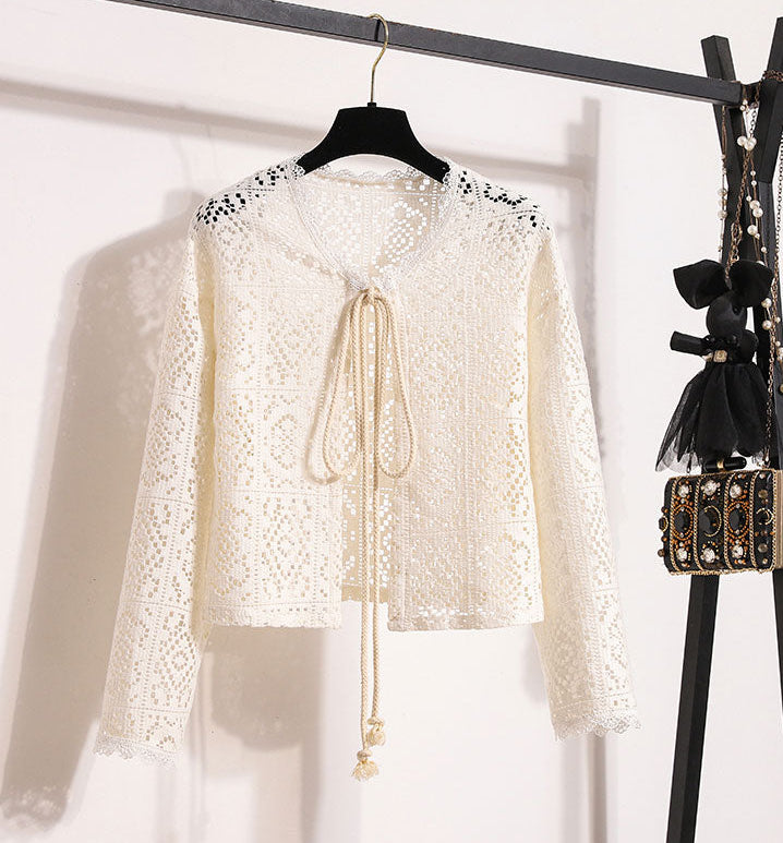 Summer Two-Piece Butterfly Print Tiered Dress and White Crochet Shawl