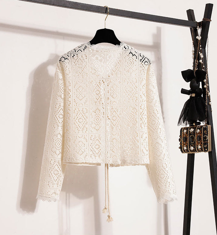 Summer Two-Piece Butterfly Print Tiered Dress and White Crochet Shawl