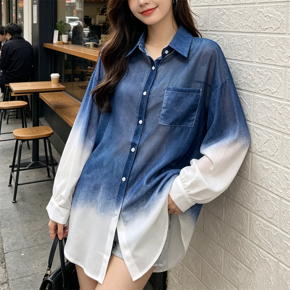 Ombré Sheer Button-Down Shirt – Oversize Beach Cover-Up Blouse