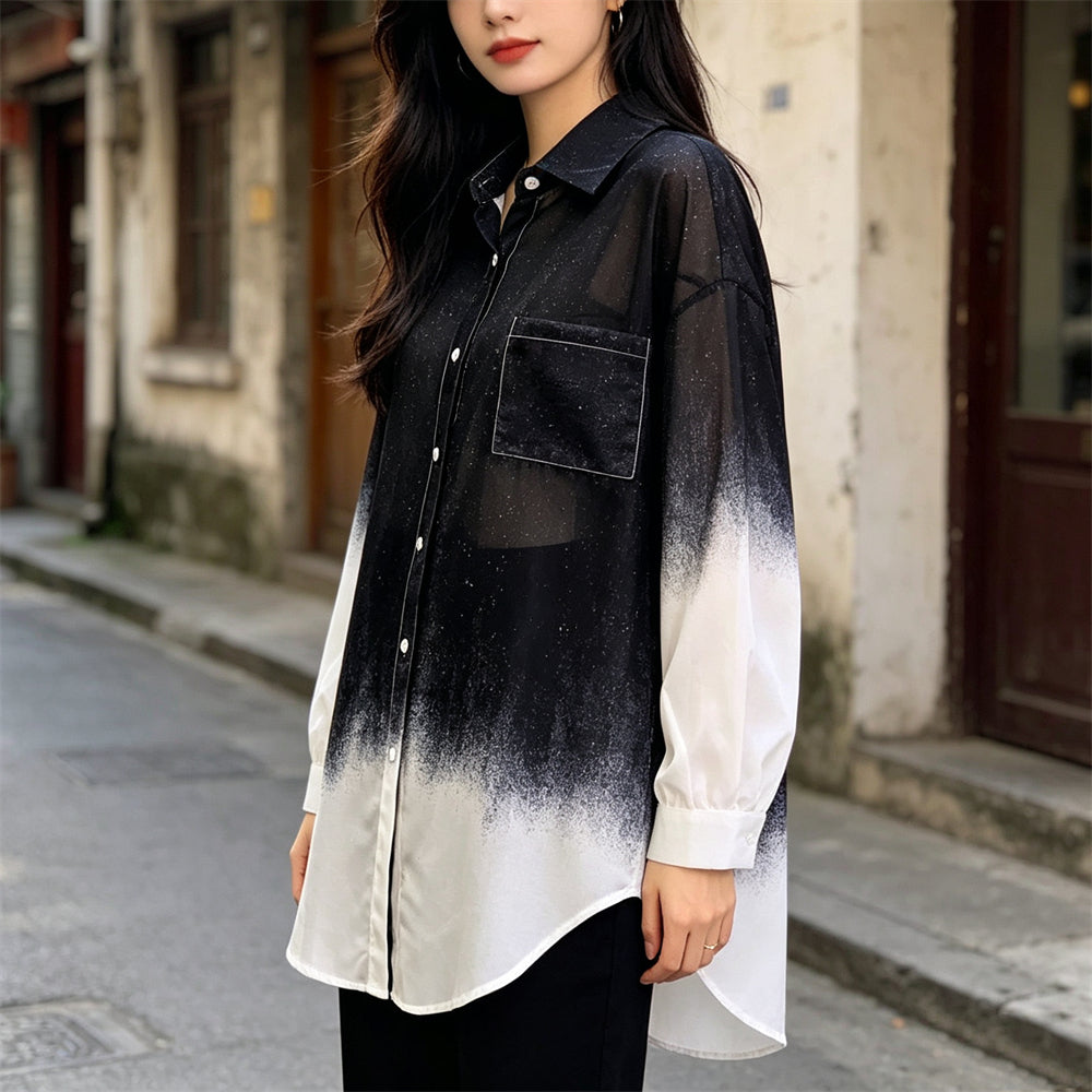 Ombré Sheer Button-Down Shirt – Oversize Beach Cover-Up Blouse