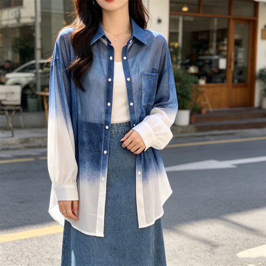 Ombré Sheer Button-Down Shirt – Oversize Beach Cover-Up Blouse