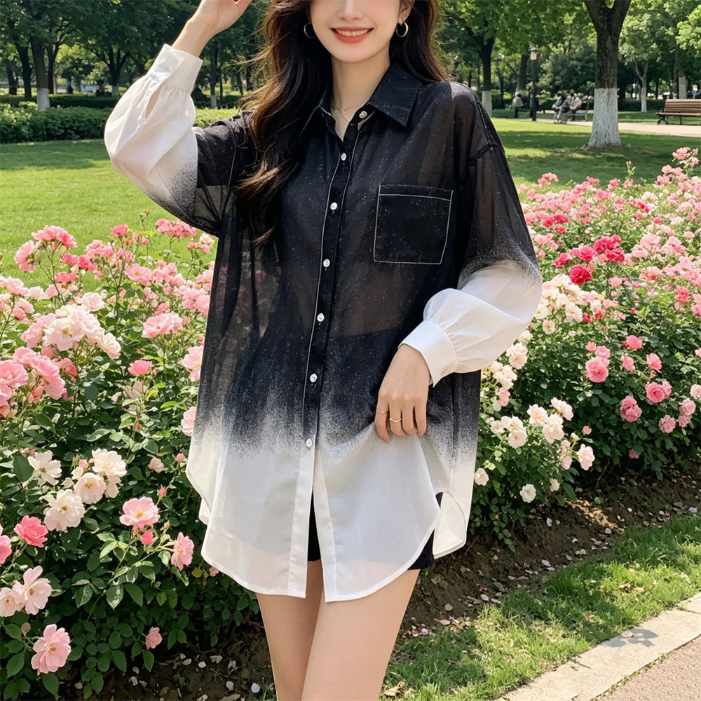 Ombré Sheer Button-Down Shirt – Oversize Beach Cover-Up Blouse