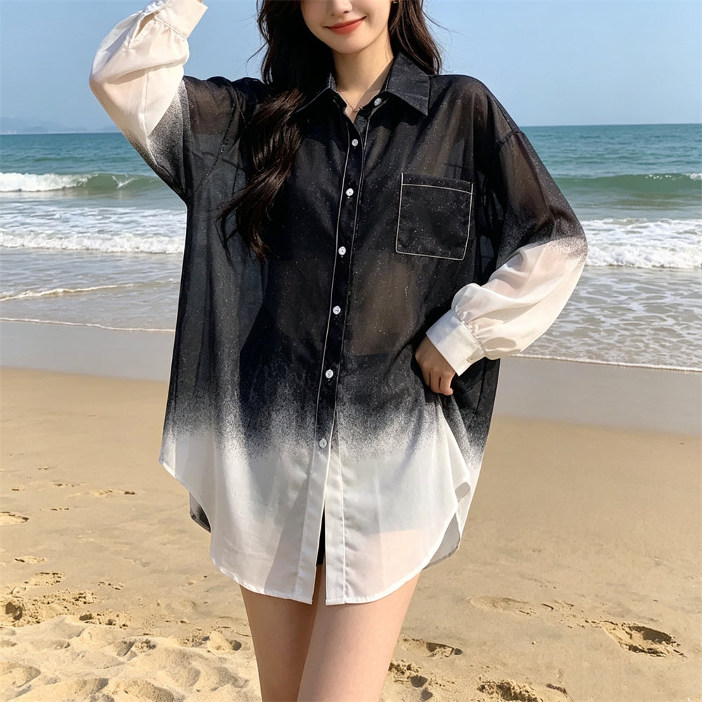 Ombré Sheer Button-Down Shirt – Oversize Beach Cover-Up Blouse