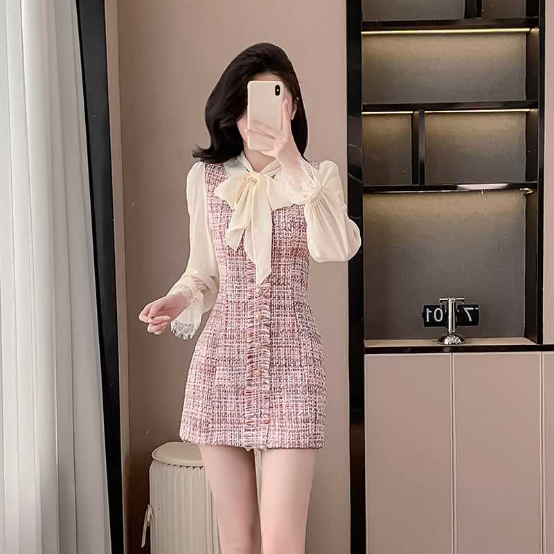 Sweet Pink Tweed Plaid Contrast Mini Dress