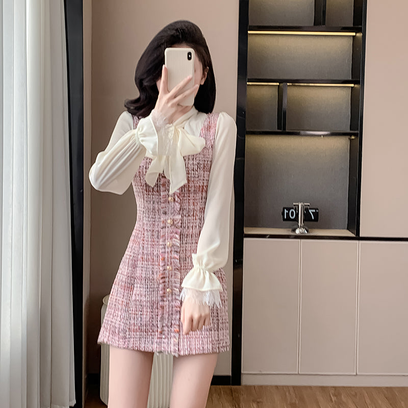 Sweet Pink Tweed Plaid Contrast Mini Dress
