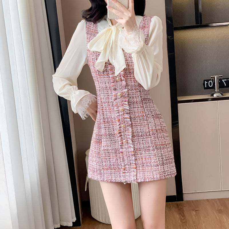 Sweet Pink Tweed Plaid Contrast Mini Dress