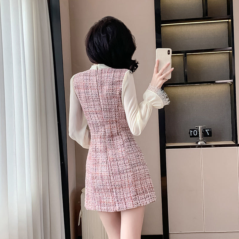 Sweet Pink Tweed Plaid Contrast Mini Dress