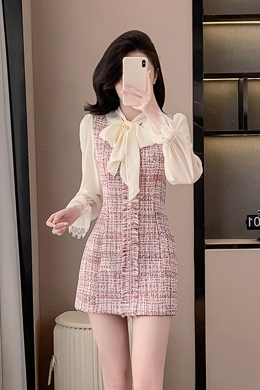Sweet Pink Tweed Plaid Contrast Mini Dress