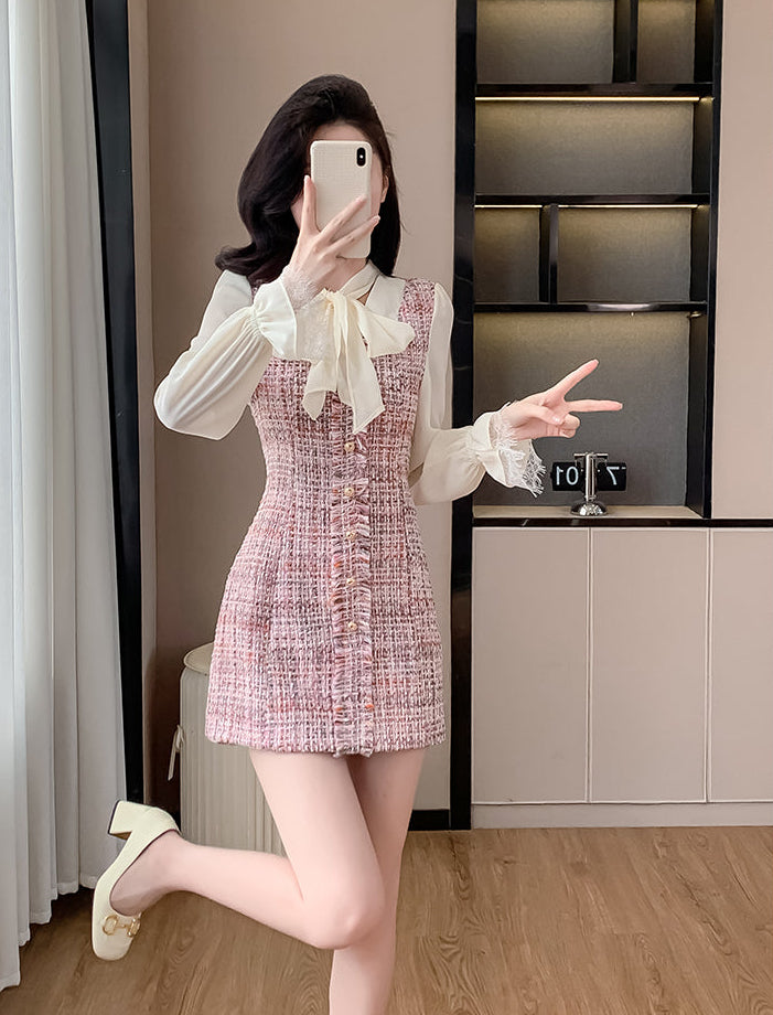 Sweet Pink Tweed Plaid Contrast Mini Dress
