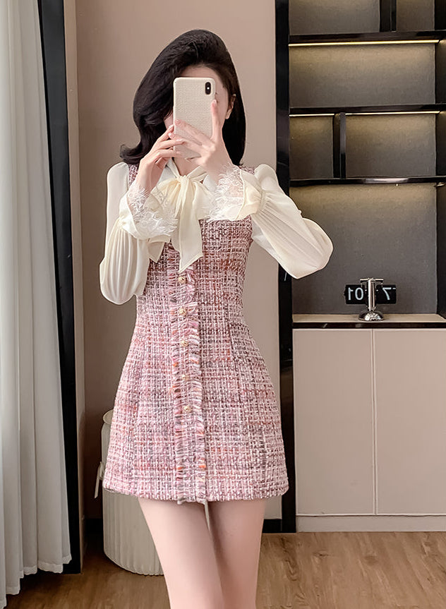 Sweet Pink Tweed Plaid Contrast Mini Dress