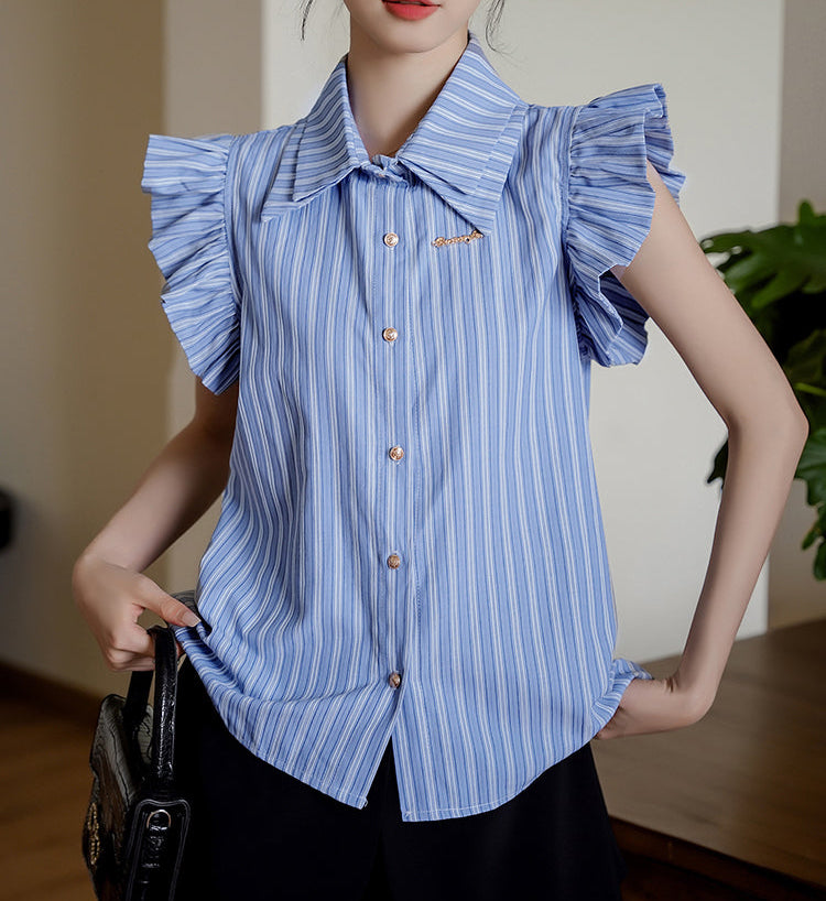 Sleeveless Striped Blouse With Black Ribbon Bow