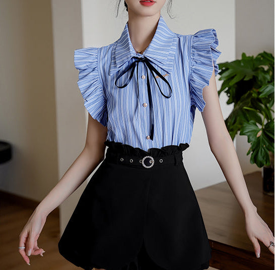 Sleeveless Striped Blouse With Black Ribbon Bow