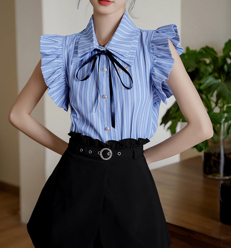 Sleeveless Striped Blouse With Black Ribbon Bow