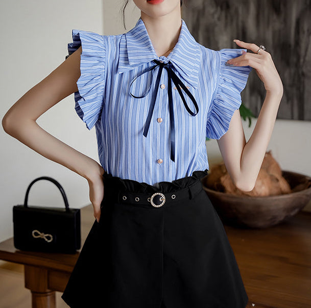 Sleeveless Striped Blouse With Black Ribbon Bow