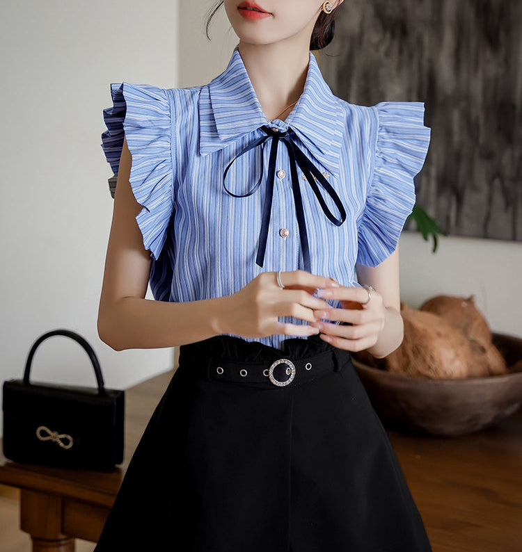 Sleeveless Striped Blouse With Black Ribbon Bow