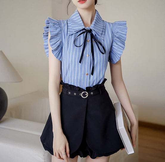 Sleeveless Striped Blouse With Black Ribbon Bow