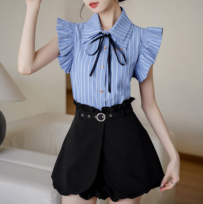 Sleeveless Striped Blouse With Black Ribbon Bow