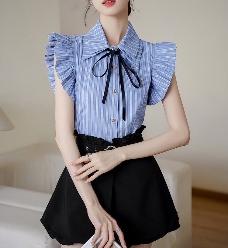 Sleeveless Striped Blouse With Black Ribbon Bow