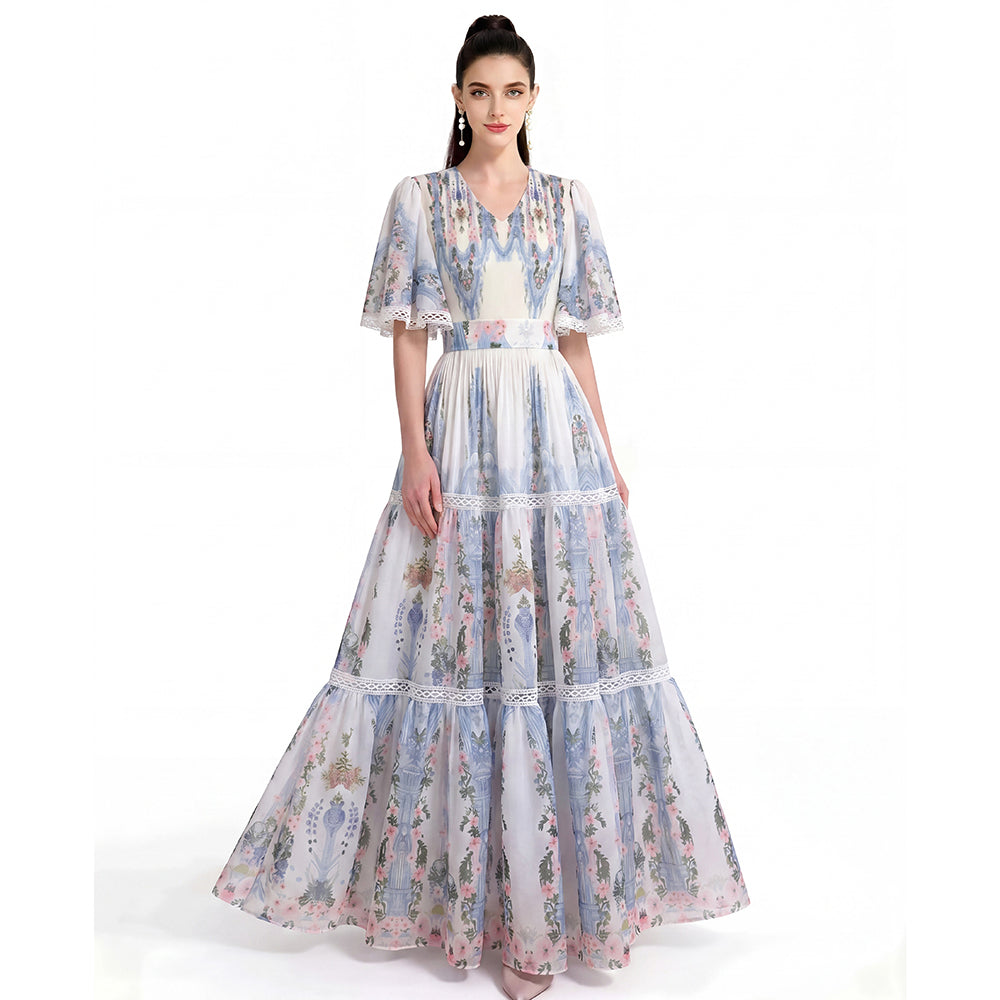 The Celeste Pastel Floral Lace-Trimmed Swing Dress