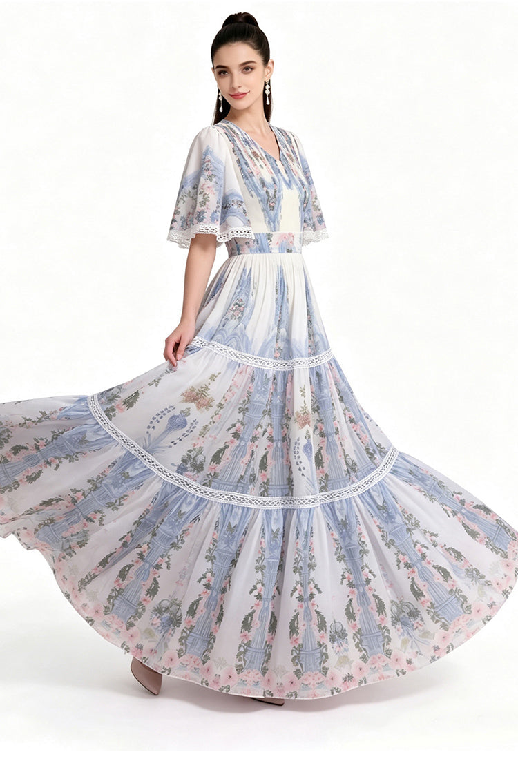 The Celeste Pastel Floral Lace-Trimmed Swing Dress