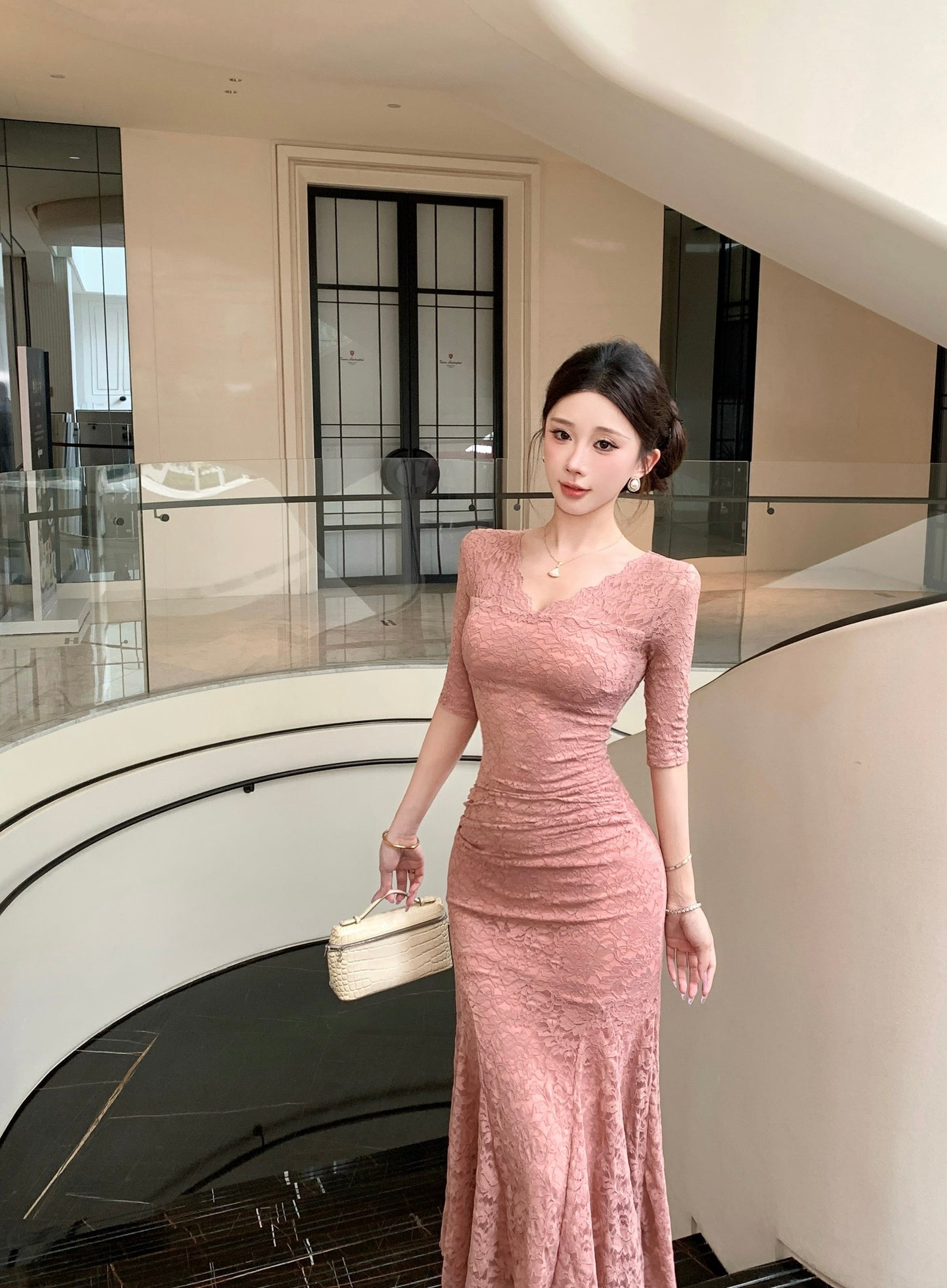 Rosalia V-Neck Elbow-Sleeve Lace Mermaid Gown