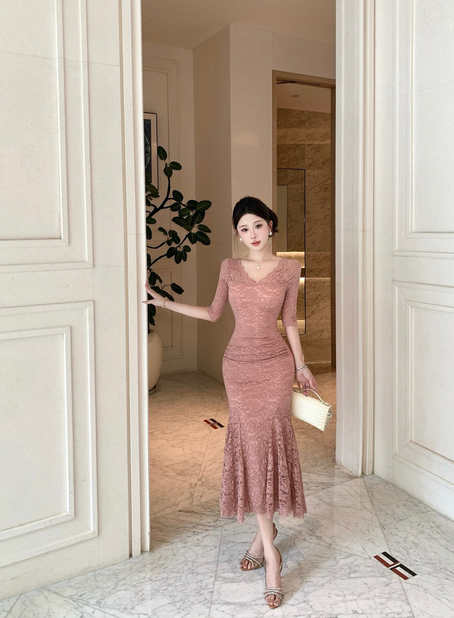 Rosalia V-Neck Elbow-Sleeve Lace Mermaid Gown