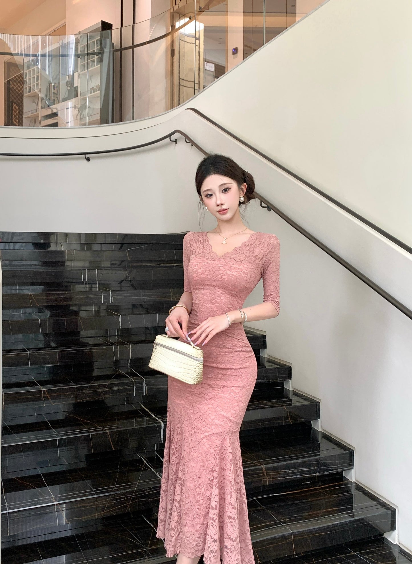 Rosalia V-Neck Elbow-Sleeve Lace Mermaid Gown