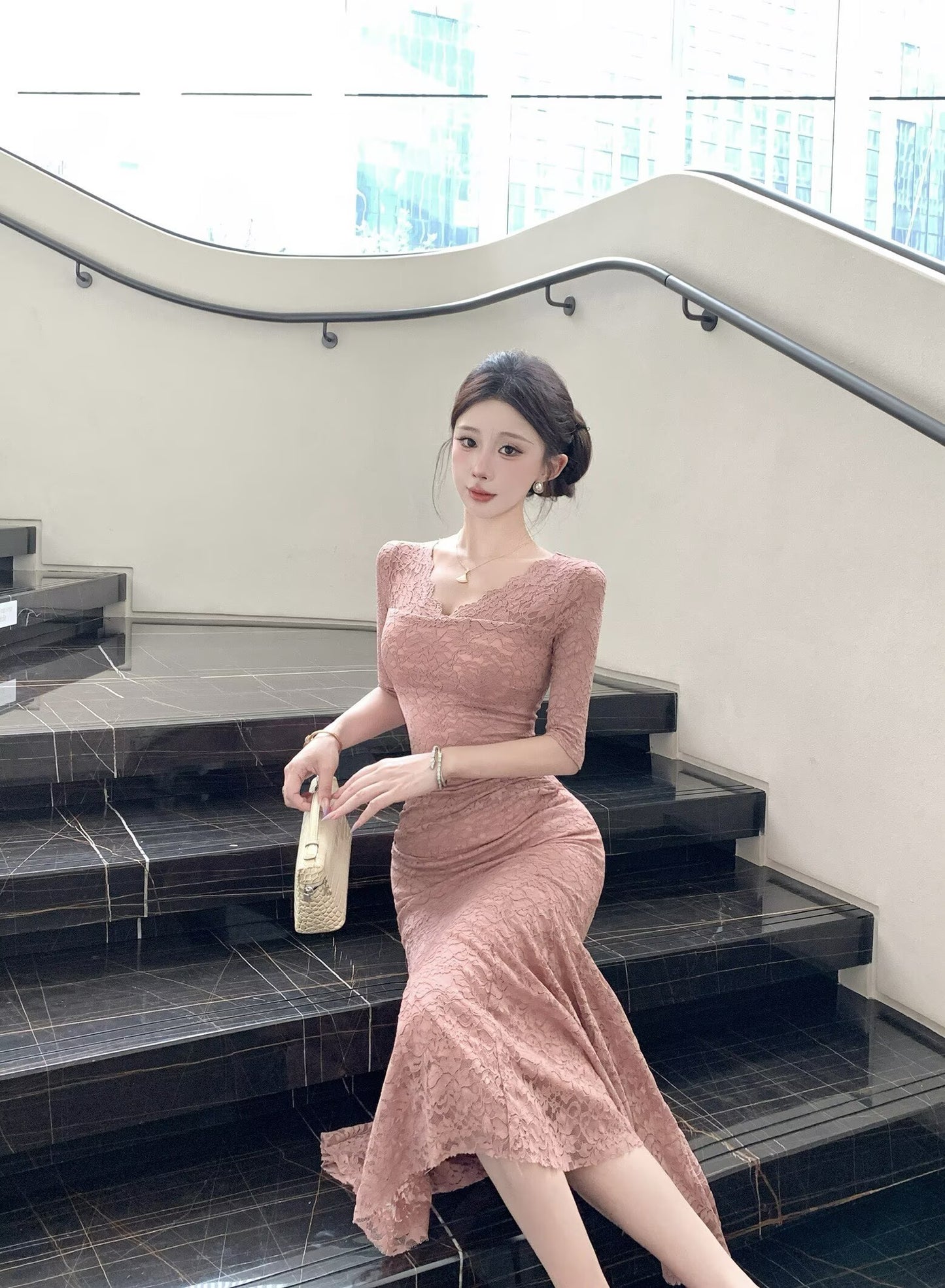 Rosalia V-Neck Elbow-Sleeve Lace Mermaid Gown