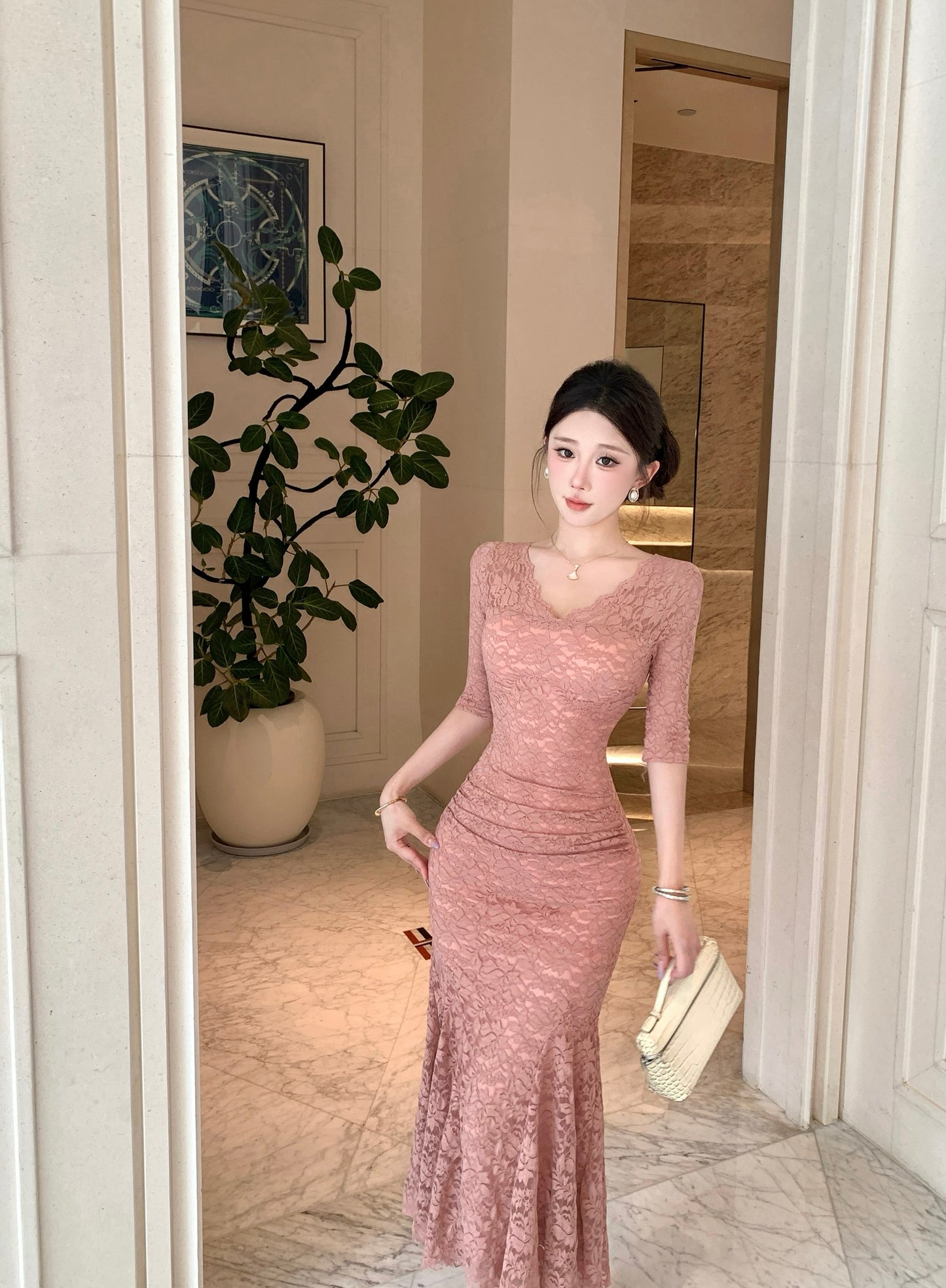 Rosalia V-Neck Elbow-Sleeve Lace Mermaid Gown