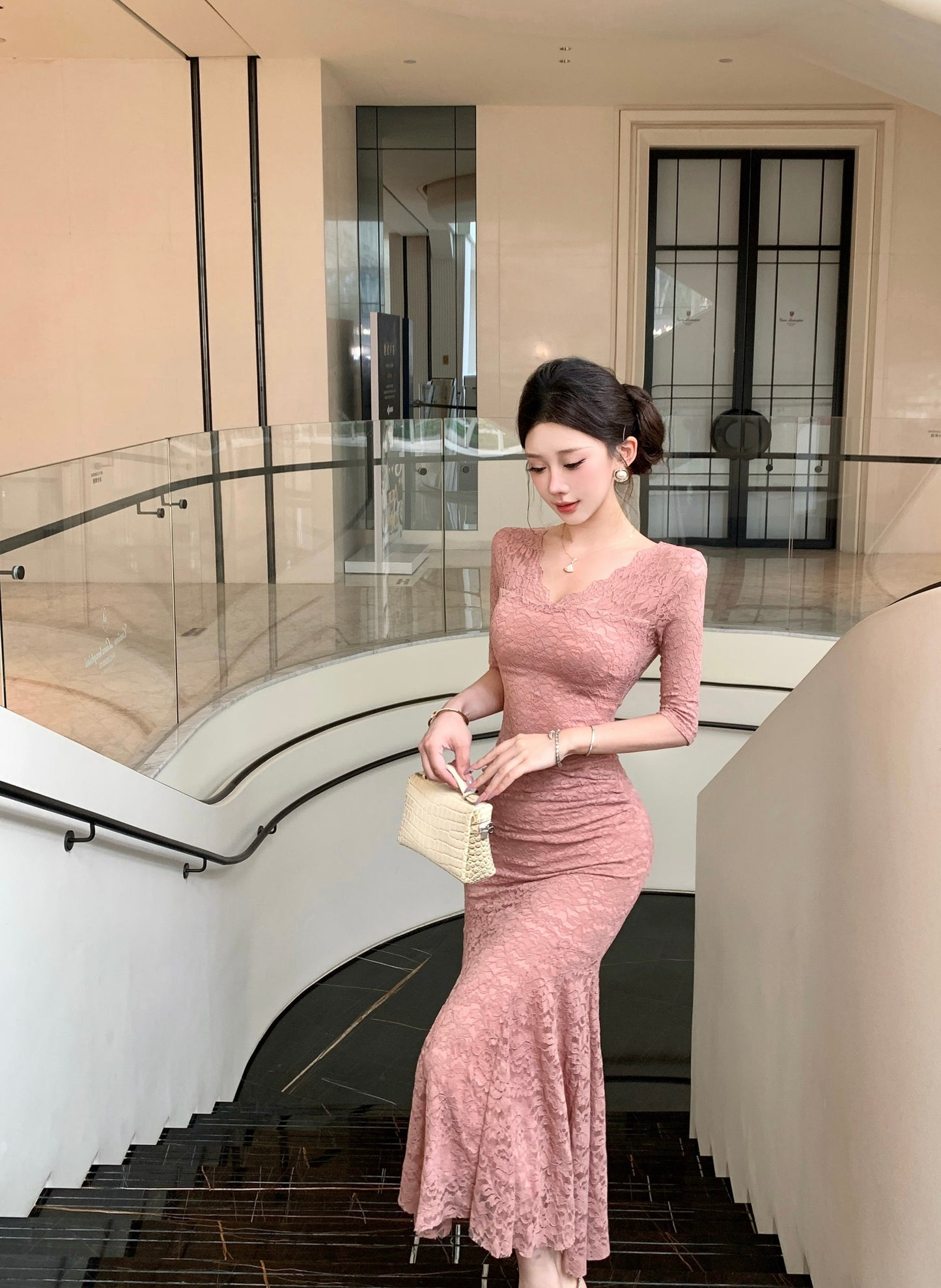 Rosalia V-Neck Elbow-Sleeve Lace Mermaid Gown