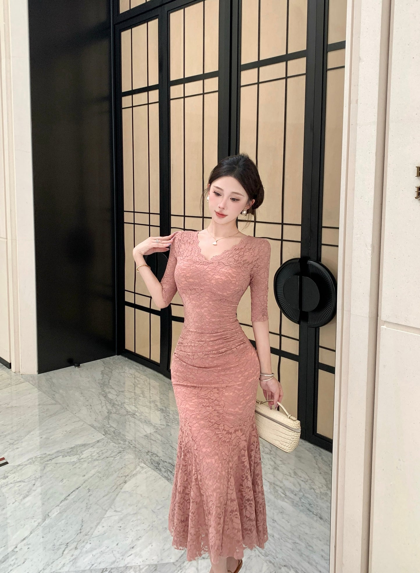 Rosalia V-Neck Elbow-Sleeve Lace Mermaid Gown