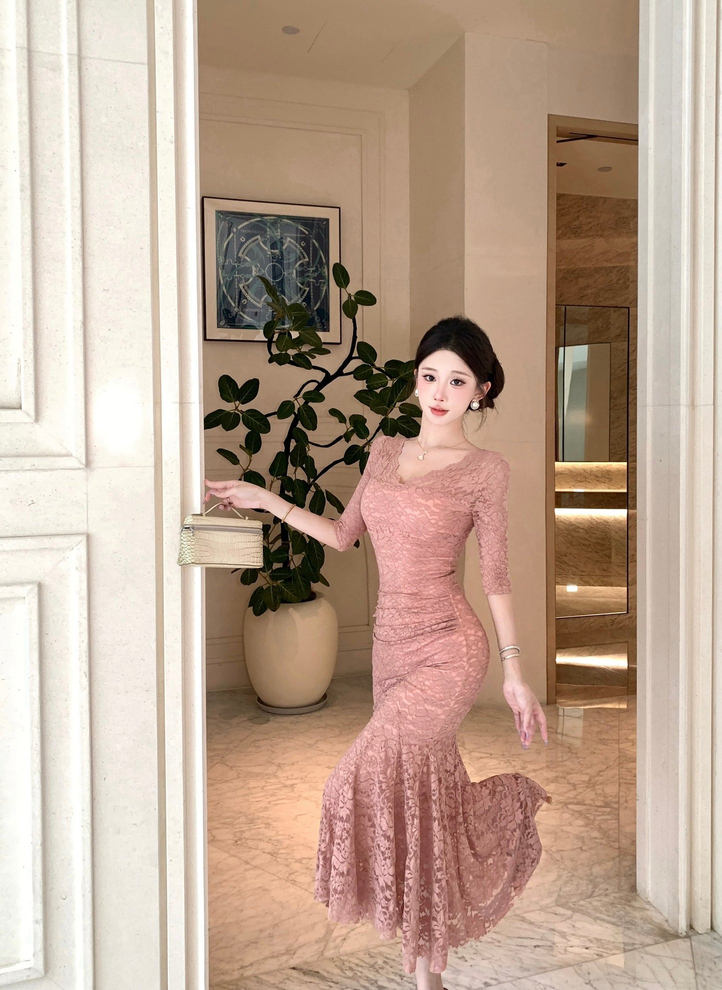 Rosalia V-Neck Elbow-Sleeve Lace Mermaid Gown