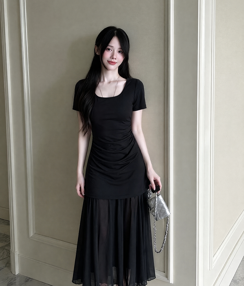 Plus Size Black Ruched Layered Maxi Dress