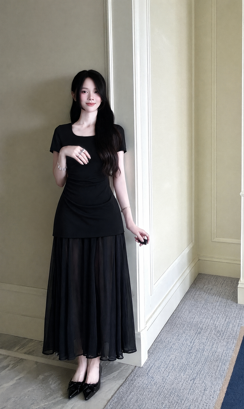 Plus Size Black Ruched Layered Maxi Dress
