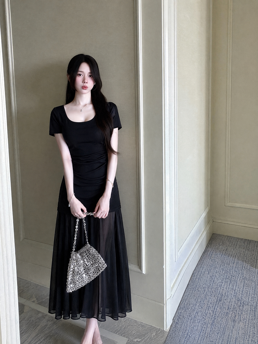 Plus Size Black Ruched Layered Maxi Dress