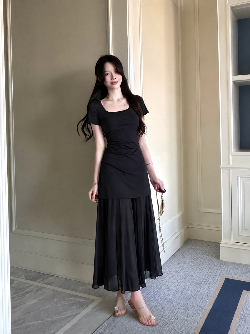 Plus Size Black Ruched Layered Maxi Dress