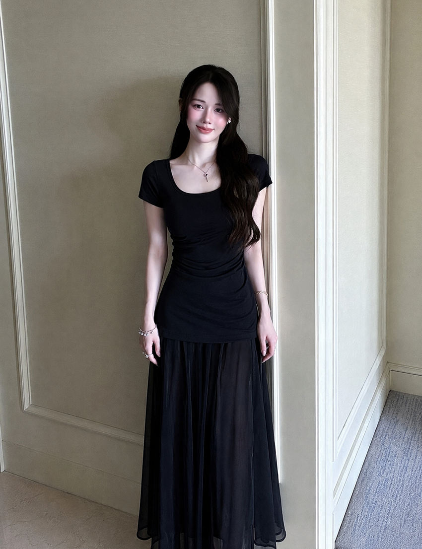 Plus Size Black Ruched Layered Maxi Dress