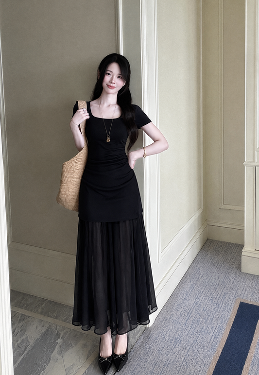 Plus Size Black Ruched Layered Maxi Dress