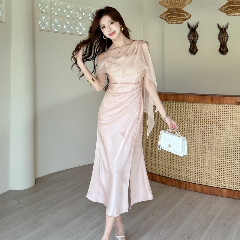 The Elysian Asymmetric Chiffon Overlay Satin Midi Dress