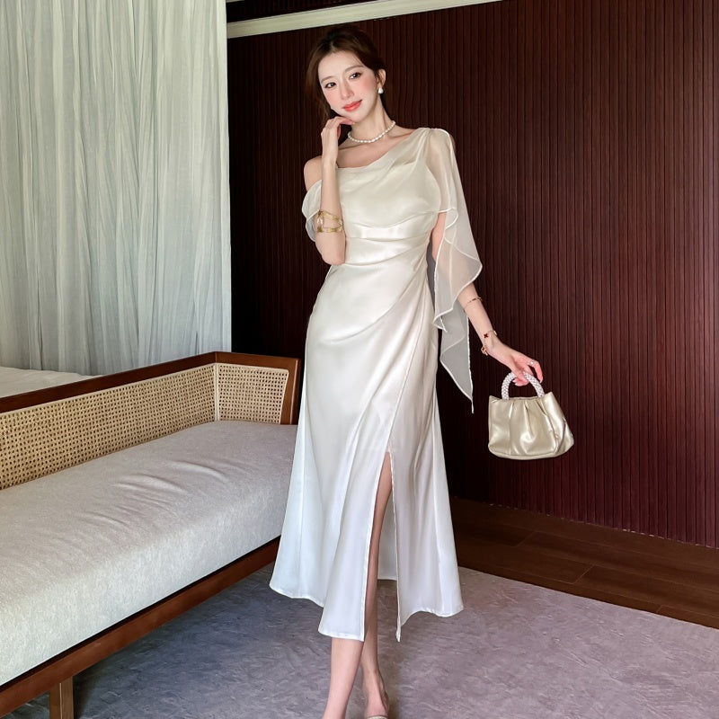 The Elysian Asymmetric Chiffon Overlay Satin Midi Dress