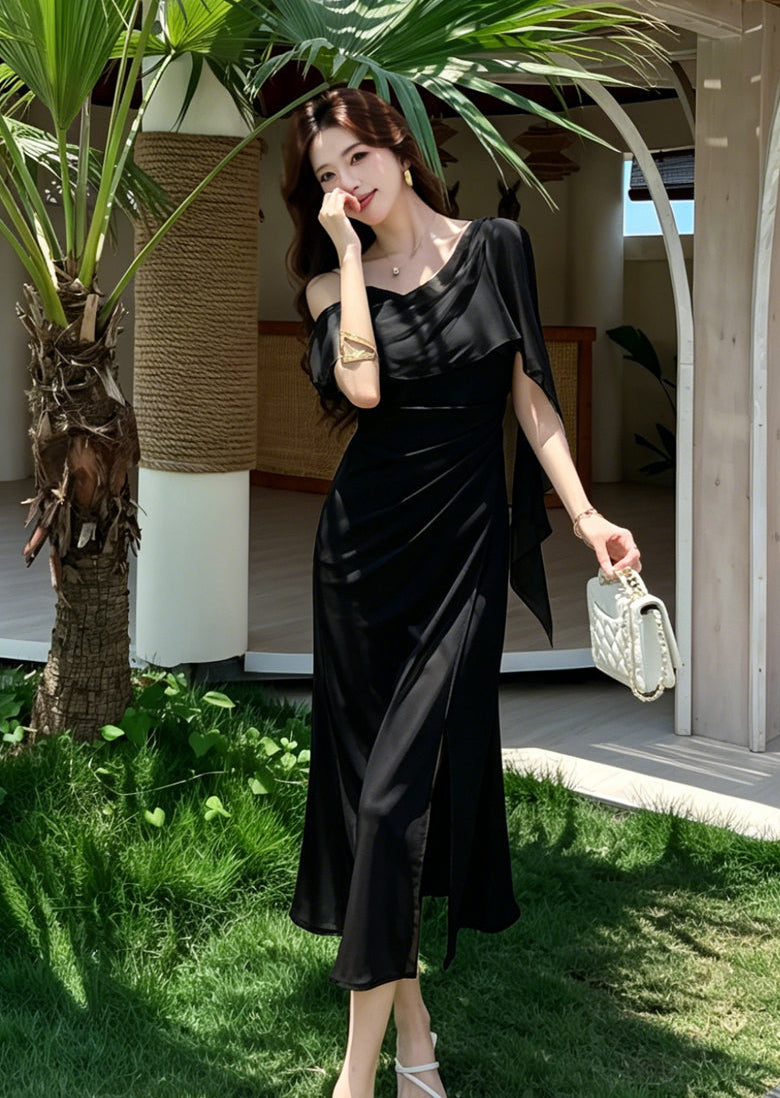 The Elysian Asymmetric Chiffon Overlay Satin Midi Dress