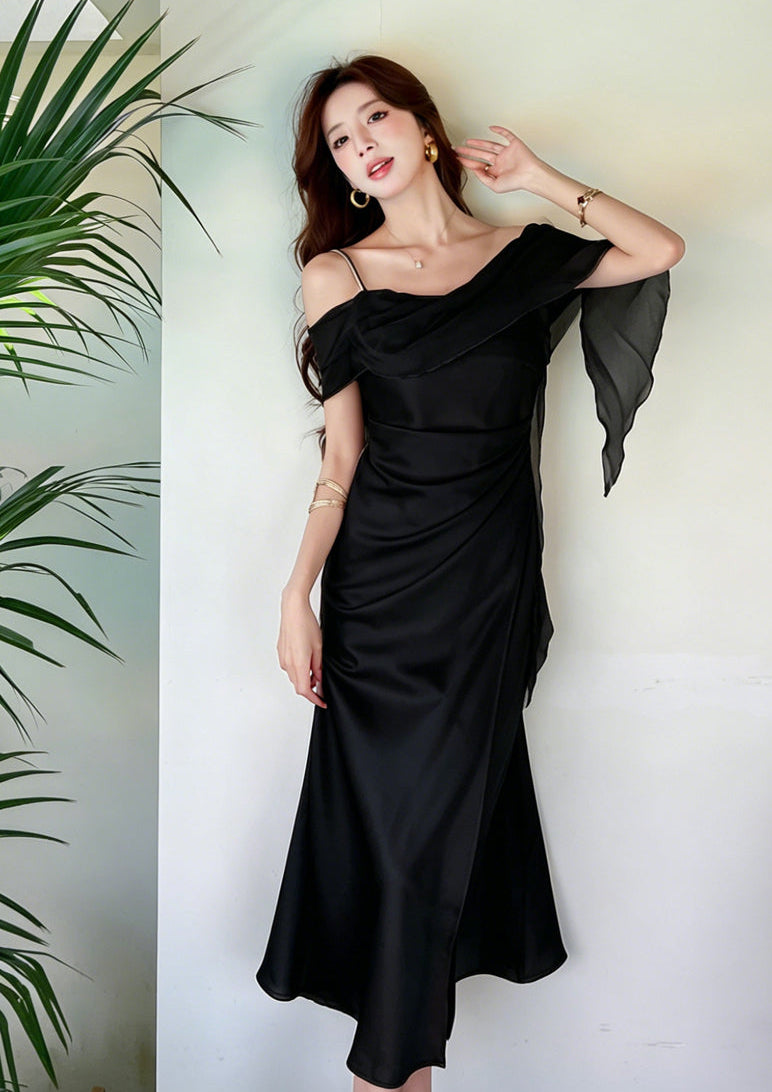 The Elysian Asymmetric Chiffon Overlay Satin Midi Dress