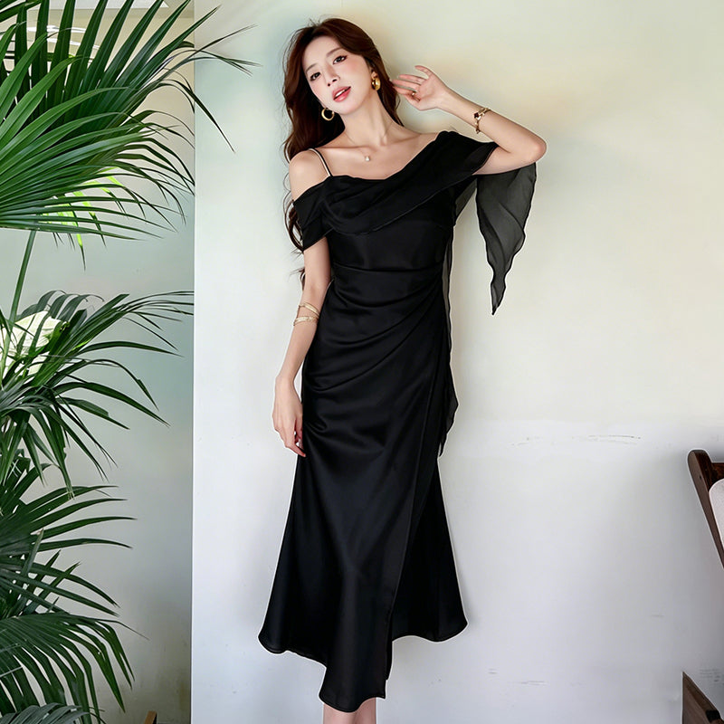 The Elysian Asymmetric Chiffon Overlay Satin Midi Dress