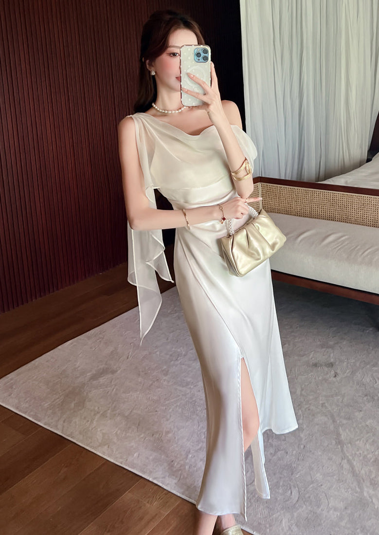 The Elysian Asymmetric Chiffon Overlay Satin Midi Dress