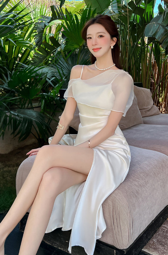The Elysian Asymmetric Chiffon Overlay Satin Midi Dress
