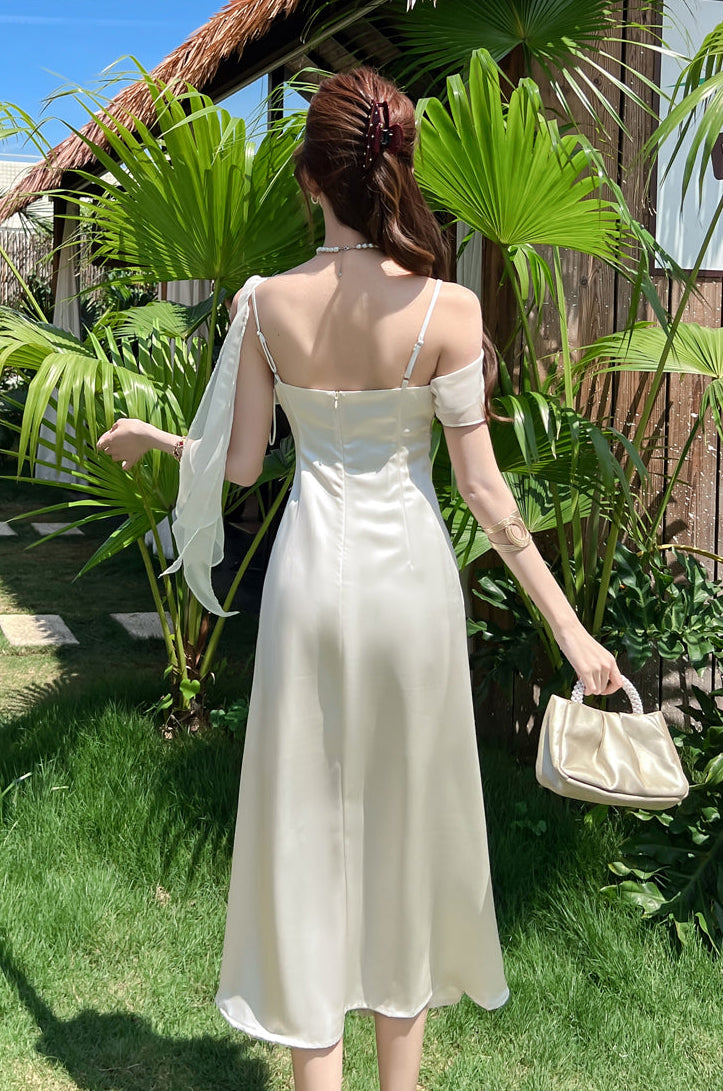 The Elysian Asymmetric Chiffon Overlay Satin Midi Dress