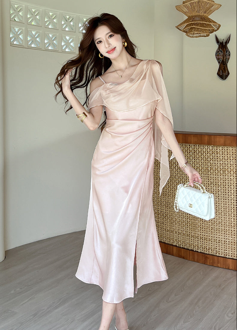 The Elysian Asymmetric Chiffon Overlay Satin Midi Dress