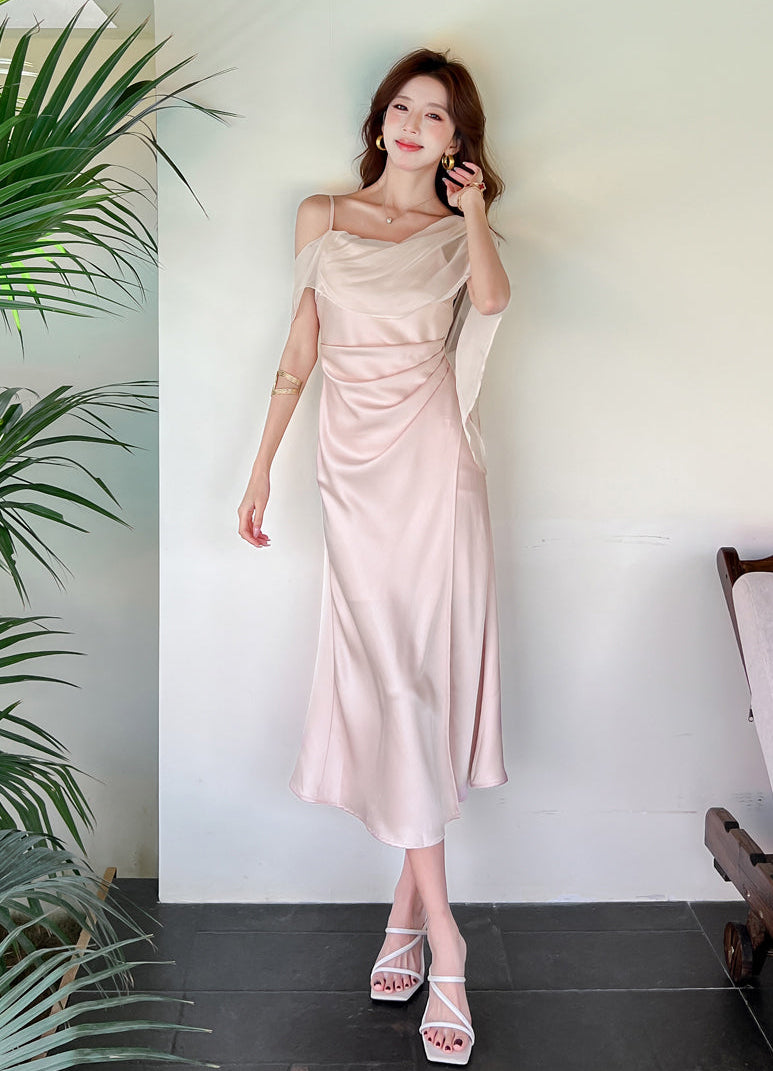 The Elysian Asymmetric Chiffon Overlay Satin Midi Dress
