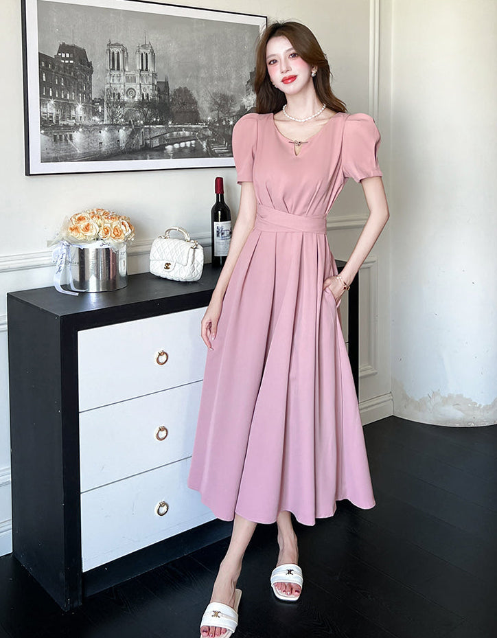 The Evelyn Puff Sleeve Cinched Midi Dress